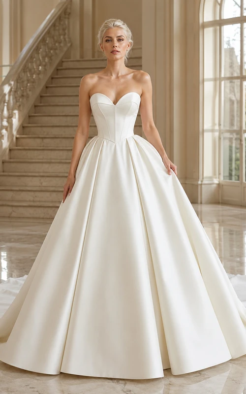 Trägerloses Brautkleid mit herzförmigem Dekolleté, Satin-Knopfleiste und Schleife am Rücken, Kapellenschleppe