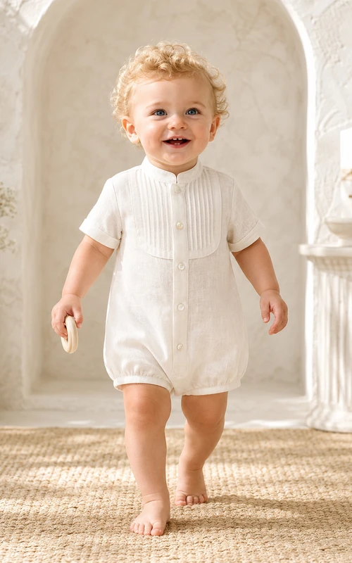 White Pleated Bib Peter Collar Short Sleeve Blessing Romper for Baby Boy