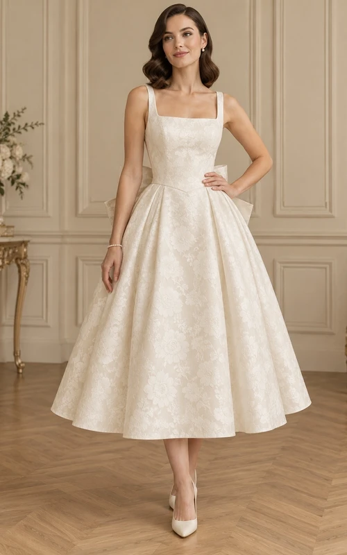 Vintage Teelänge, eckiger Ausschnitt, Schleife am Rücken, Jacquard-A-Linie, schlichtes Cocktail-Hochzeitskleid