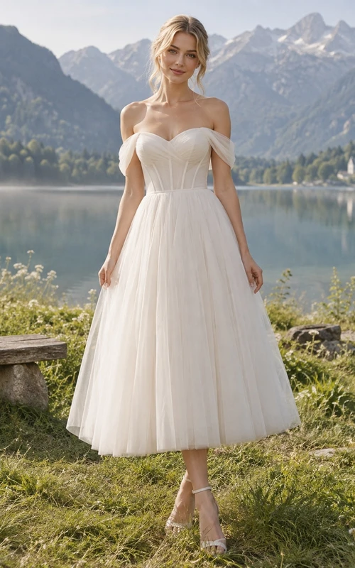 Vestido de novia de tul sin mangas, corte en A, largo hasta la rodilla y sin hombros descubiertos.
