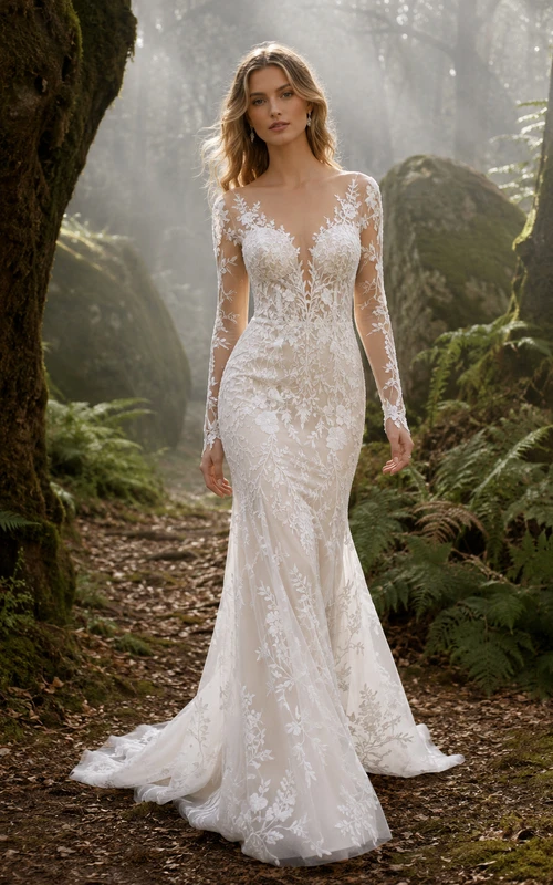 Robe de mariée sirène romantique en dentelle à manches longues et col en V, effet illusion, pour un mariage de destination