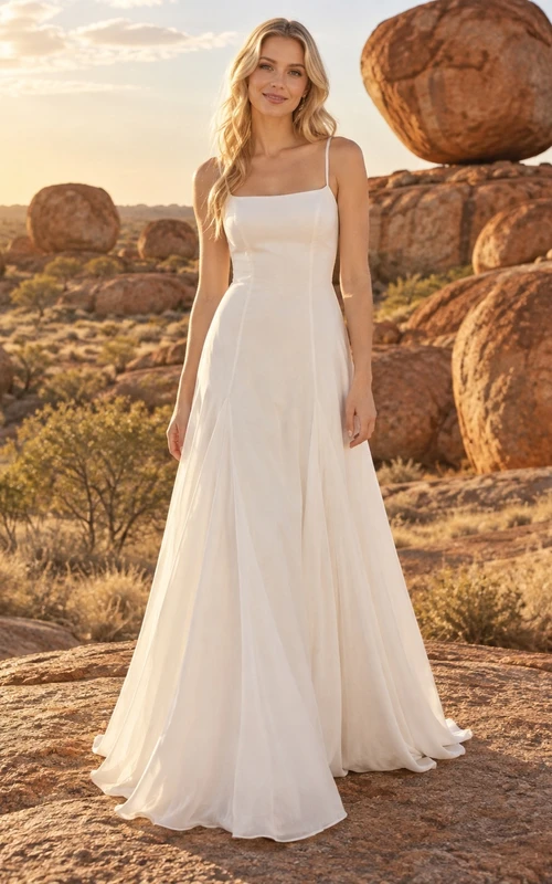 Einfaches, ärmelloses, fließendes A-Linien-Brautkleid in quadratischer Spaghettiträgerlänge, bodenlang