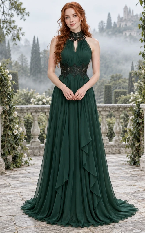 Vestido de dama de honor gótico verde esmeralda con escote halter, abertura en forma de ojo de cerradura, gasa, encaje, fruncido y volantes.