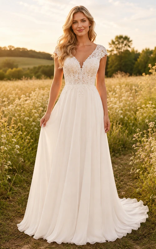 Brautkleid im Landhausstil mit Spitze, A-Linie, V-Ausschnitt, kurzen Ärmeln, Schleppe und tiefem V-Ausschnitt am Rücken