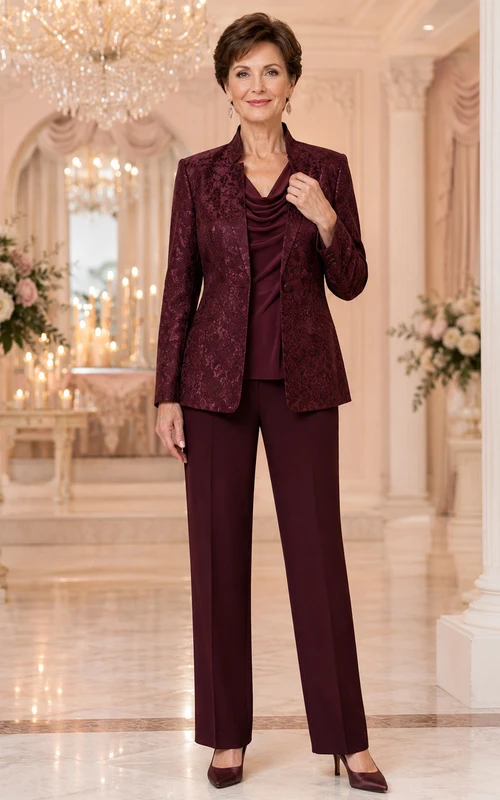 Burgunderfarbener, taillierter Hosenanzug mit geradem Bein, geradem Bein, tailliertem Blazer mit langen Ärmeln und drapiertem Wasserfallkragen im Vintage-Stil für die Mutter der Braut.
