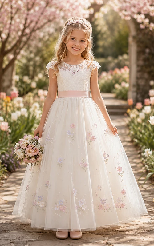 Vestido romántico y elegante para niña de las flores, cuello joya, mangas cortas, tul, largo midi, apliques florales.