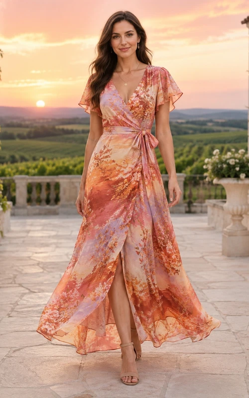 Robe bohème longue à manches papillon en mousseline corail à imprimé floral, style portefeuille, en mousseline, ornée de fleurs corail