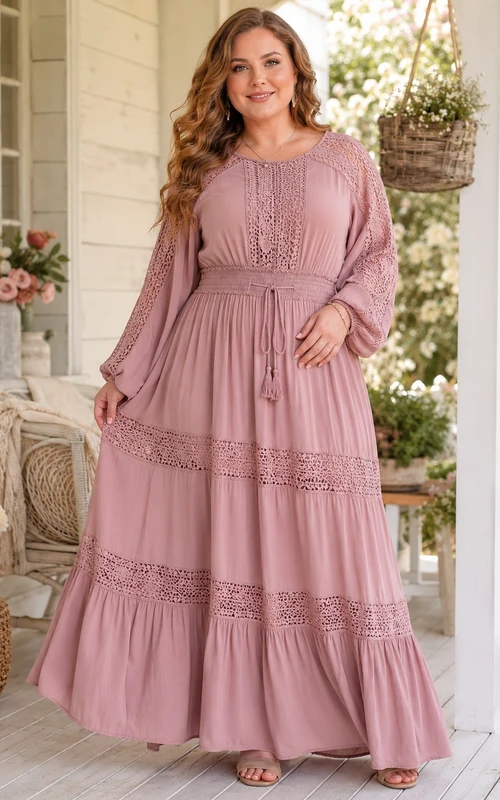 Dusty Rose Bohemian Jewel Neck Long Sleeve Tiered Maxi Dress