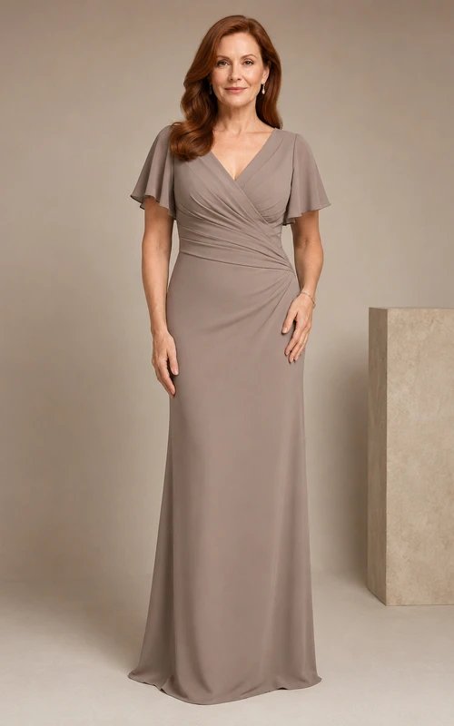 MOB-Kleid, taupefarbenes Chiffon-Jersey-Etui-Kleid mit flatternden Ärmeln, V-Ausschnitt, bodenlang, gerafft