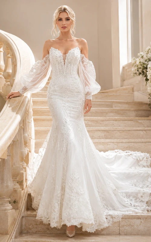 Robe de mariée sirène luxueuse en dentelle florale à épaules dénudées et manches bouffantes, ornée d'épaules et de dentelle florale, avec traîne cathédrale