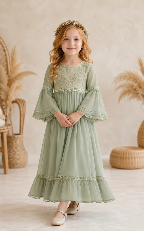 Robe de demoiselle d'honneur style bohème sauge, longueur thé, coupe trapèze, en mousseline et dentelle, manches cloche, style champêtre