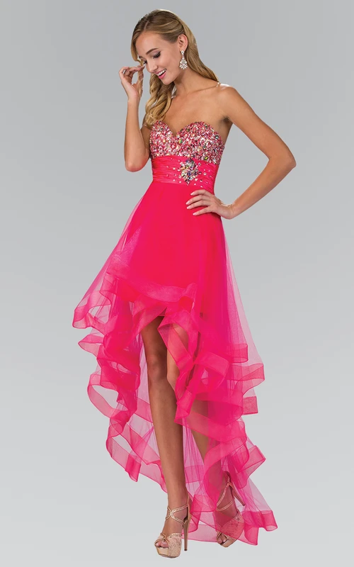 A-Line High-Low Sweetheart Sleeveless Tulle Backless Dress With Beading And Tiers