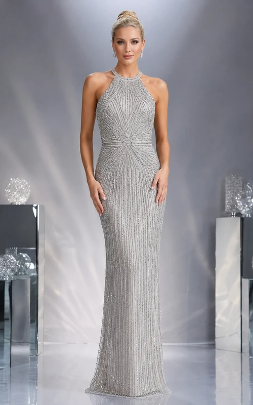 Halter Silver Sequined Sheath Luxury Floor Length Formal Dress