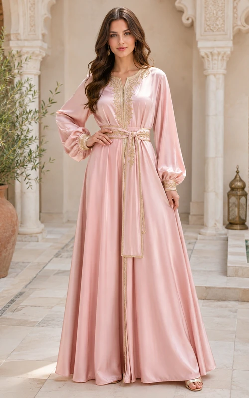 Elegantes, rosafarbenes Satin-Eid-Kleid in A-Linie, bodenlang, mit Schmucksteinen und langen Ärmeln sowie Schärpe