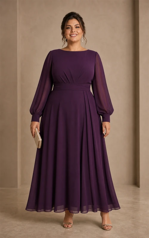 Robe trapèze en mousseline prune grande taille avec manches longues bouffantes