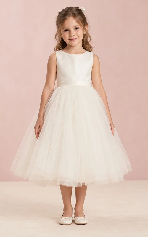 Simple Modest Tea-length Ivory Sleeveless A-line Satin Tulle Bow Flower Girl Dress