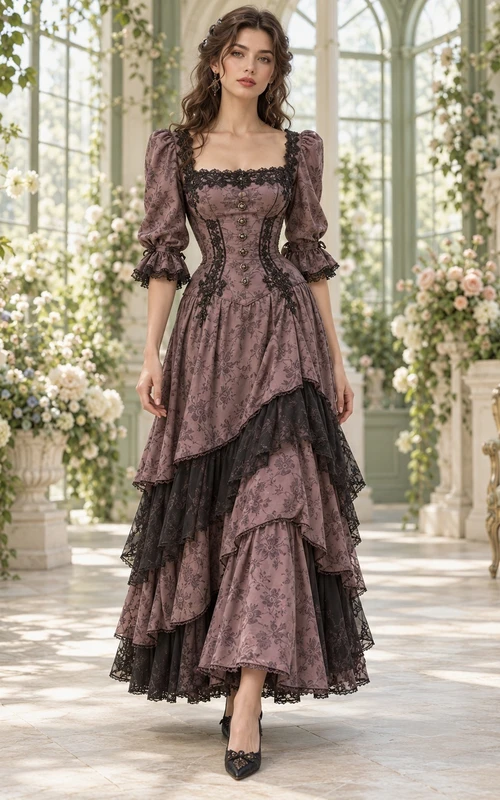 Gothic Victorian Mauve Square Neck Puff Sleeve Tiered Guest Dress