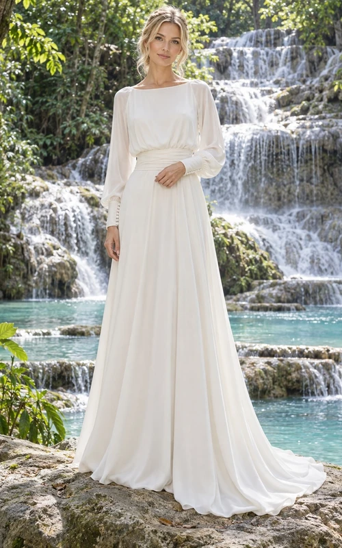 Einfaches Brautkleid in A-Linie mit hohem Kragen, langen, ärmellosen Oberteilen und bedecktem Rock