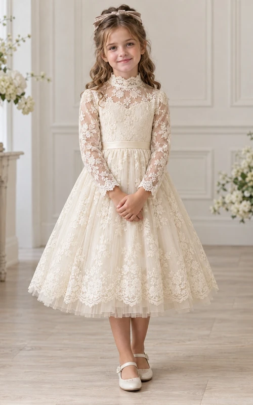 Vestido de niña de flores de manga larga, cuello alto, largo hasta la rodilla, color marfil, estampado floral, corte en A, encaje y borde festoneado.