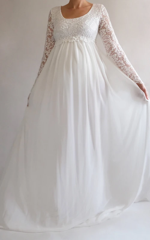 Empire-Chiffon-Brautkleid mit langen Ärmeln, schlichtem/lässigem Schnitt, hoher Taille und Schleppe