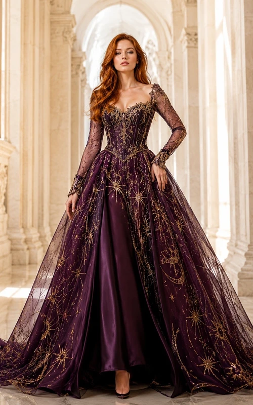 Burgundy Fantasy Tulle Long-Sleeve Lace Ball Gown Evening Dress