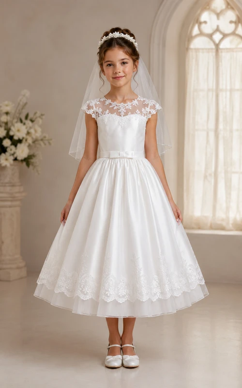 Robe de première communion en dentelle illusion longueur thé et manches courtes avec voile