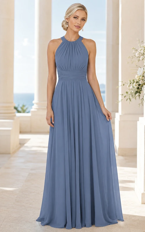Steel Blue Halter High Neck Pleated Chiffon Floor Length Bridesmaid Dress