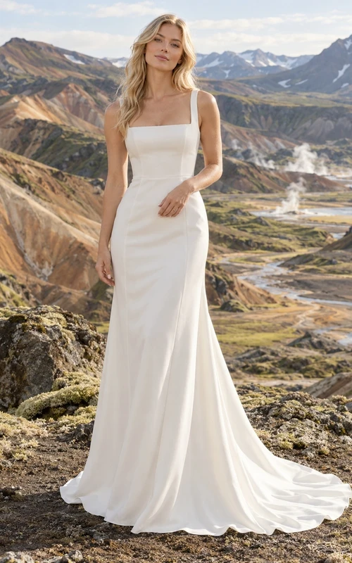 Vestido de novia de crepé de corte recto, sin mangas, con espalda de satén y escote cuadrado, de líneas depuradas.