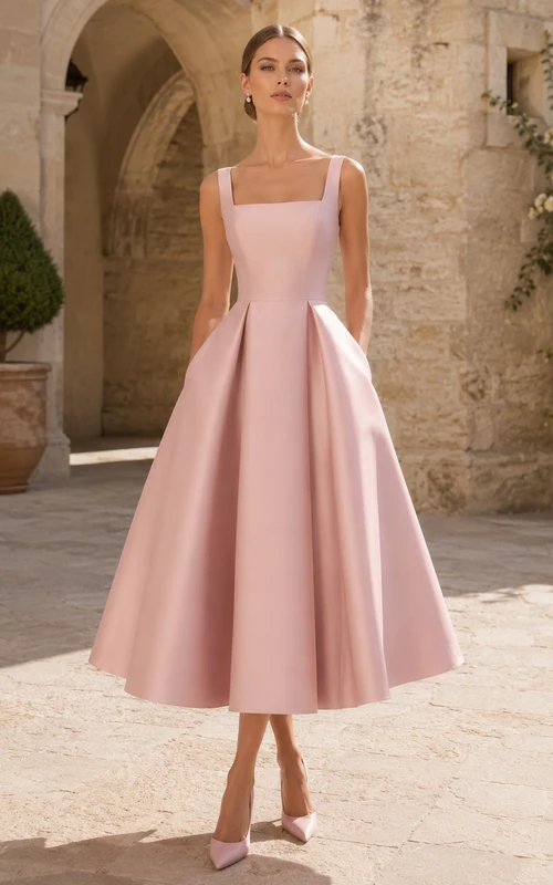 Vestido de novia moderno de corte A con tirantes cuadrados, largo hasta la rodilla, de satén, color rosa empolvado.