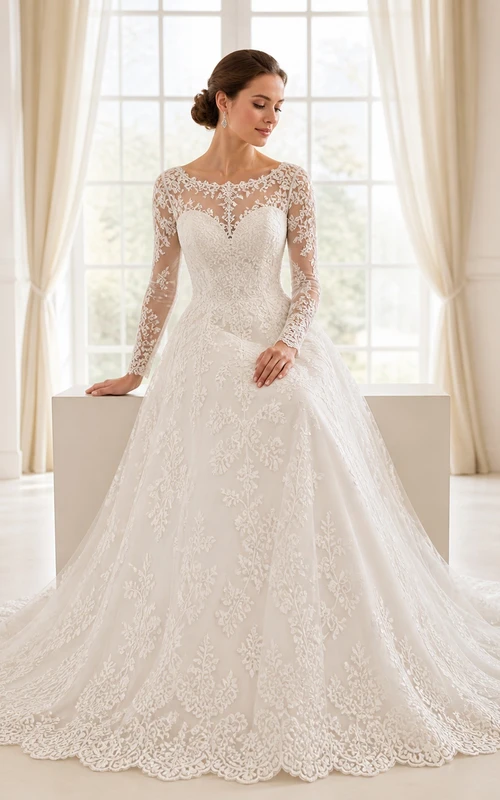 Elegante vestido de novia catedral de corte A con escote barco y encaje floral y manga larga