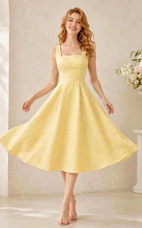 Robe romantique jaune à col carré sans manches en taffetas, longueur thé, coupe trapèze