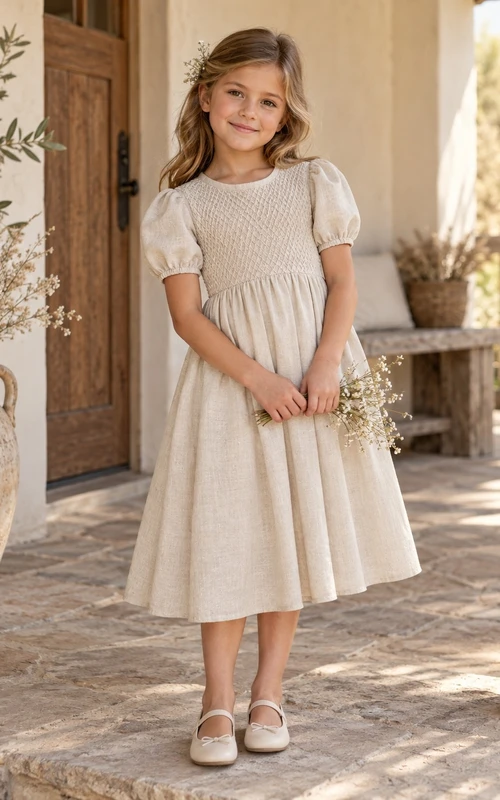Simple Country Tea-length Cream Jewel Neck Smocked Puff Sleeve Linen Flower Girl Dress