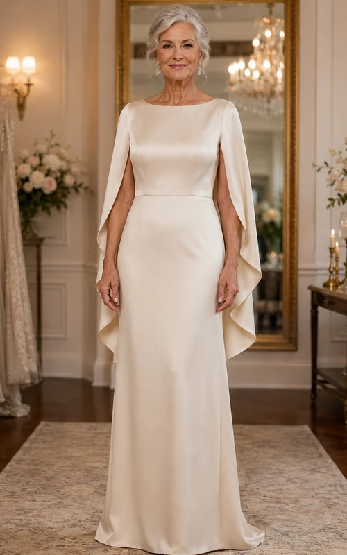 Vestido de novia de corte recto con mangas tipo capa para novias mayores en satén sencillo