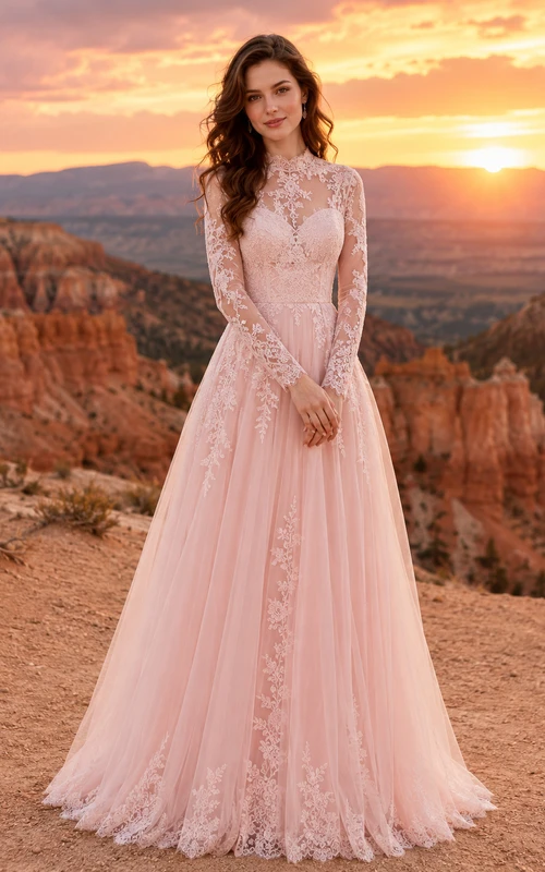 Blush Boho High Neck Long Sleeve Lace Desert Bridal Gown