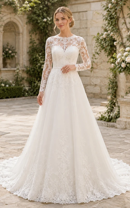 Robe de mariée en dentelle et tulle, coupe trapèze, col rond, manches longues et traîne chapelle.