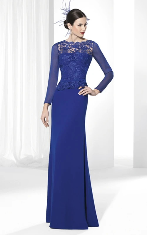 Jersey-Abendkleid mit Rundhalsausschnitt, bodenlang, appliziert und langärmelig