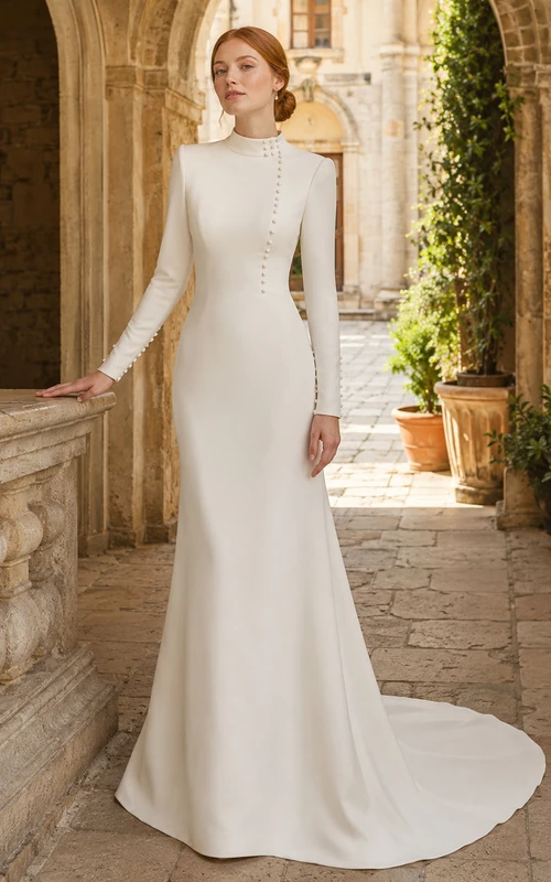 Hochgeschlossenes Crêpe-Brautkleid mit Perlenknöpfen für den Innenhof