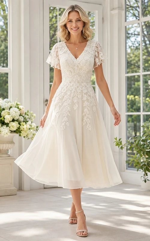 Bridal Romantic V-Neck Lace-Tulle Short-Sleeve A-Line Tea-Length Wedding Dress