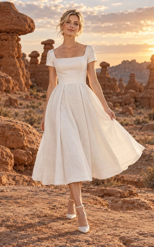 Vestido de novia vintage de corte A, largo hasta la rodilla, de lino, con cuello cuadrado y mangas cortas