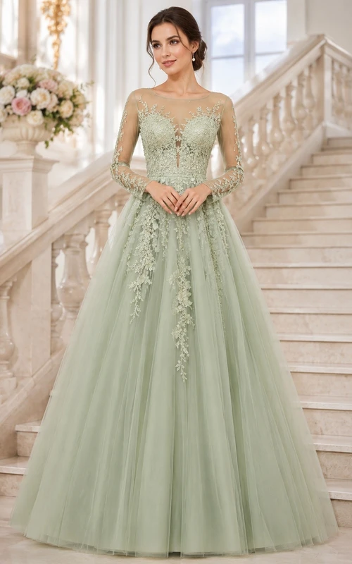 Vestido de noche largo hasta el suelo, sin mangas, de encaje y tul, estilo romántico y romántico, color verde salvia.
