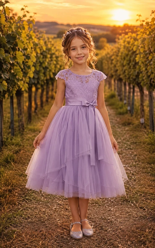 Tea-length Lavender Lace Tulle Flower Girl Dress with Bow Sash