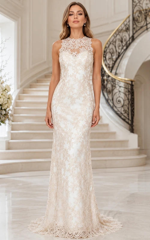 Vestido de novia de lujo sin mangas con escote joya y cola de sirena con encaje y cuello joya.