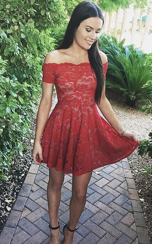 Ärmelloses, kurzes Mini-Abendkleid in A-Linie mit Spitze, schulterfrei, Reißverschluss.