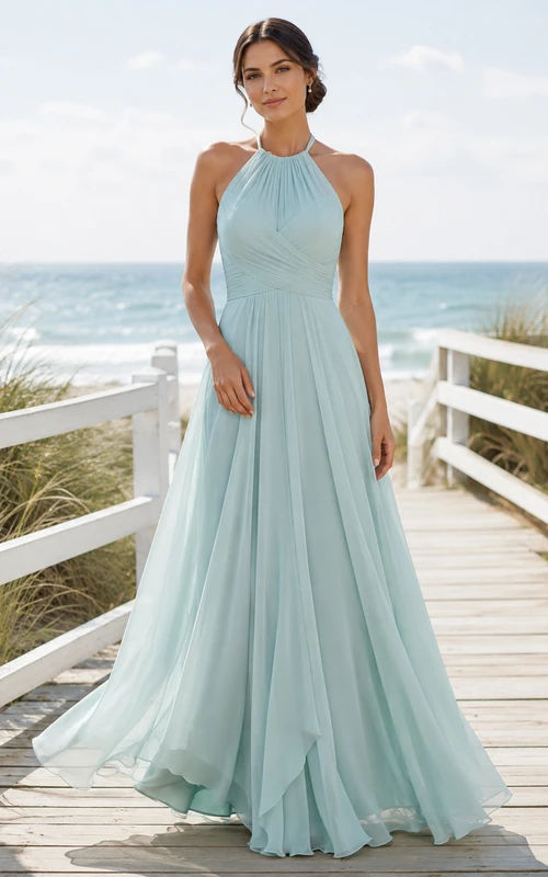 Robe de mariée trapèze en mousseline menthe, col montant dos nu et décolleté dos nu