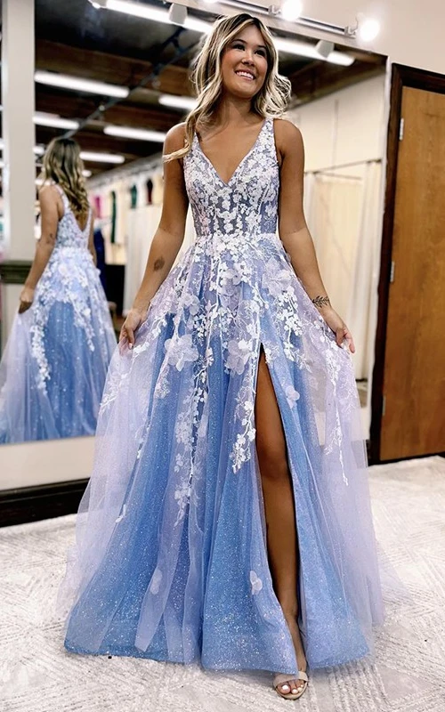 Elegantes, ärmelloses A-Linien-Abendkleid aus Spitze mit V-Ausschnitt, Schlitz vorne, Applikationen und Pailletten