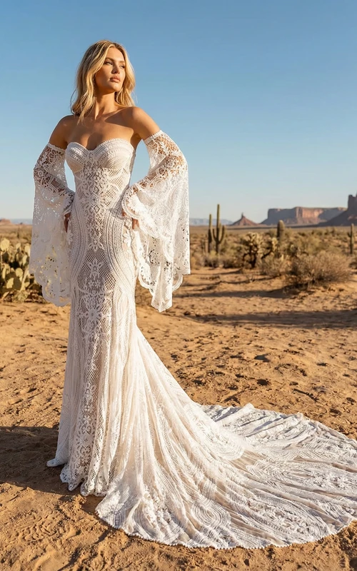 Robe de mariée sirène en dentelle à manches cloche amovibles, épaules dénudées, style bohème