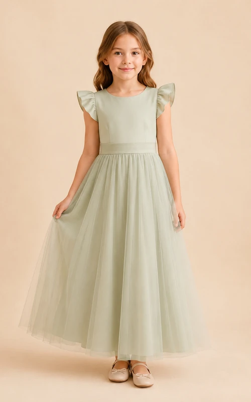 Sage Flutter Sleeve Tulle A-Line Flower Girl Dress with Jewel Neck, Tea-Length Skirt and Bow Detail