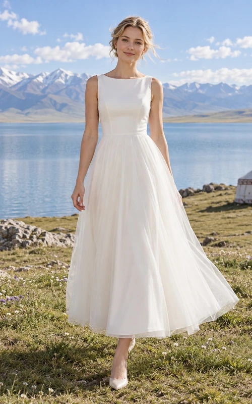 Vestido de novia civil sencillo y modesto, largo hasta la rodilla, con escote barco y falda de tul, sin mangas.