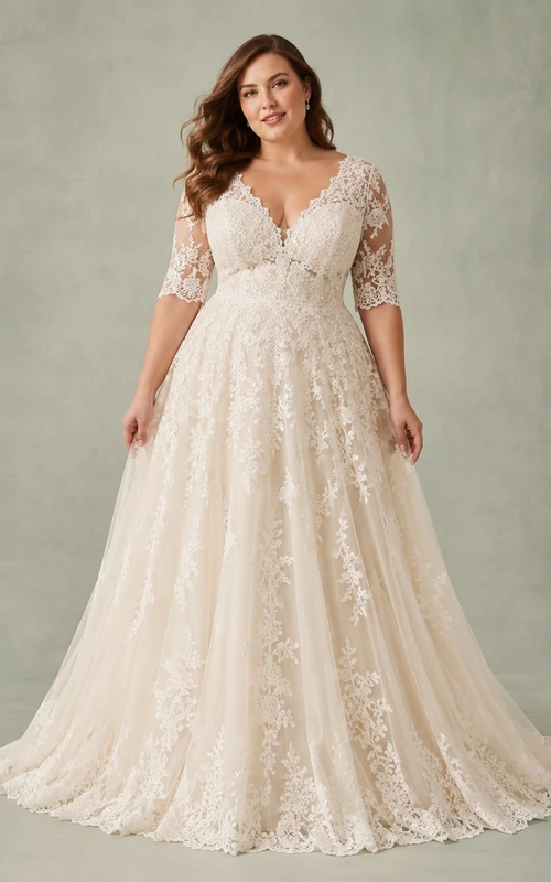 Plus Size V-Neck Lace Sleeve A-Line Bridal Gown