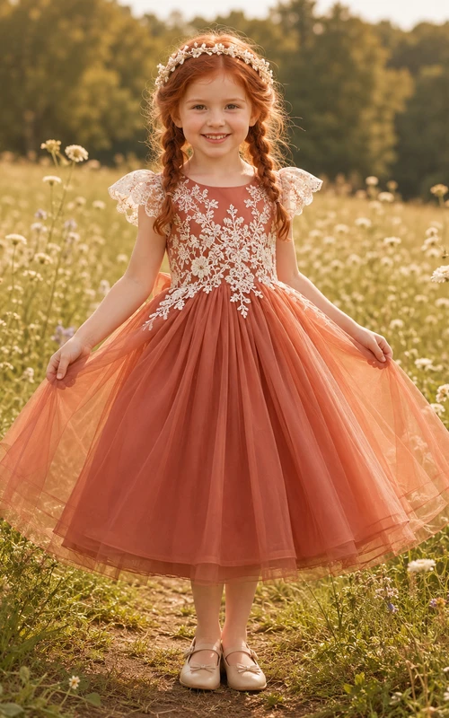 Robe de demoiselle d'honneur trapèze en tulle orange terracotta à motifs floraux, manches à pétales et nœud.